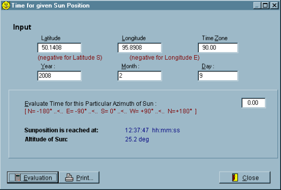 Figure 5: SONNE Features - "Time for given Sun Position" (F11)