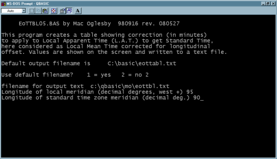 Figure 2: Equation of Time Table Dialogue Screen