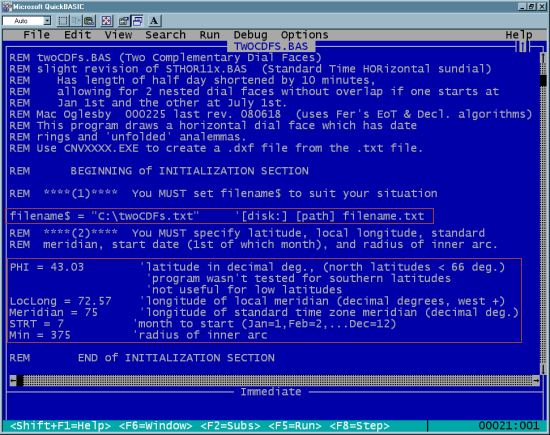 Figure 2: Two Complementary Dial Faces Sundial QBASIC Program