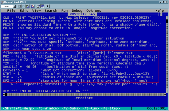 Figure 2: Vertical Declining Monofilar Standard Time Sundial QBASIC Program