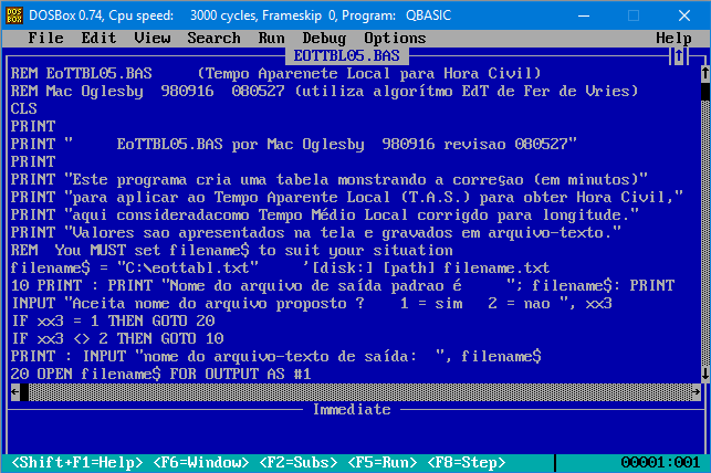 Figure 1: Equation of Time Table QBASIC Program