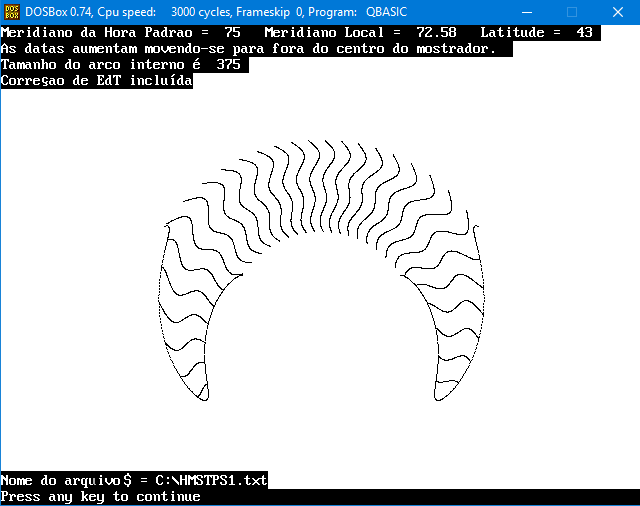 Figure 4: Horizontal Monofilar Standard Time Sundial - QBASIC Screen Output