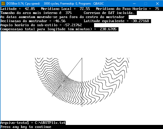 Figure 4: Vertical Declining Monofilar Standard Time Sundial - QBASIC Screen Output