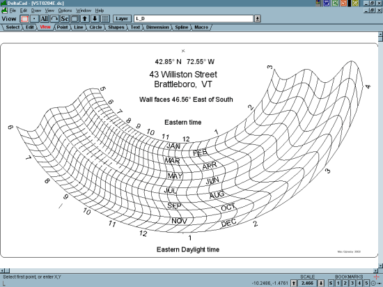 Figure 6: Completed Drawing of the Vertical Declining Monofilar Standard Time Sundial